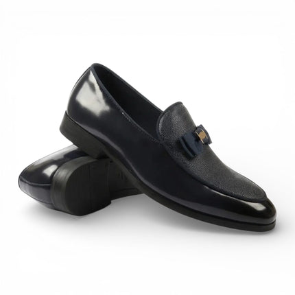 Mens Black Textured Front Iconic Buckle Bow Loafers Shoes