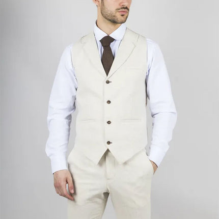 Men's Beige 3 Piece Linen Formal Summer Wedding Suit