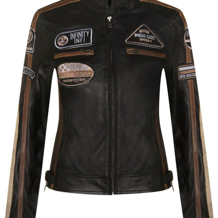Womens Biker Racing Badges Leather Jacket-Eastleigh