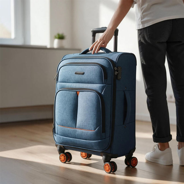 Soft Shell Linen Cabin Suitcase 56x37x24cm 8 Wheel Hand Luggage