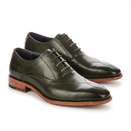 Justin Reess Men's Green Leather Cross-Stitch Toe Cap Oxford Shoes - Jett