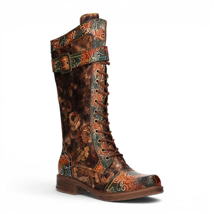 Laura Vita Women's Tan Floral Victorian Leather High Combat Long Boots - Anitao-21