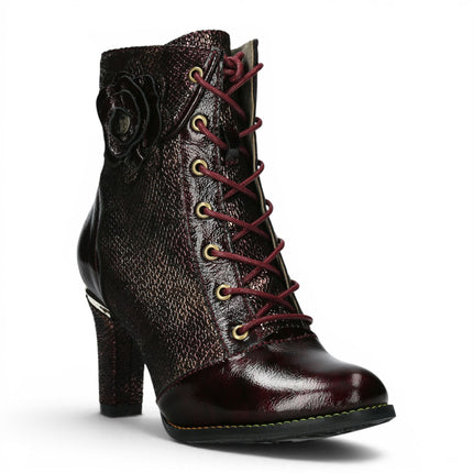 Laura Vita Women’s Wine Leather Floral Heeled Lace-Up Boots - Alcbaneo 173