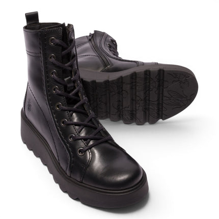Fly London Womens Black Leather Lace-Up Wedge Heel Combat Boots - TERY554