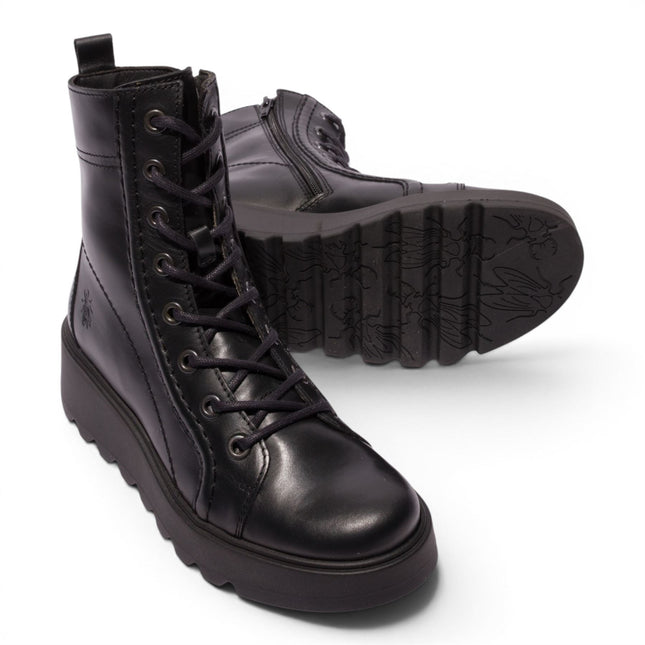 Fly London Womens Black Leather Lace-Up Wedge Heel Combat Boots - TERY554
