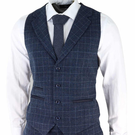 Mens Blue Check 3 Piece Tweed Suit Peaky Blinders 1920s Gatsby Tailored Fit
