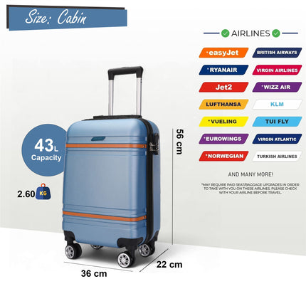 Hard Shell Cabin 36 x 22 x 56 cm ABS Suitcase Suitable for Easyjet, Ryanair, Wizzair