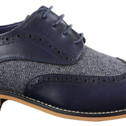 Mens Classic Oxford Tweed Brogue Shoes In Navy Leather