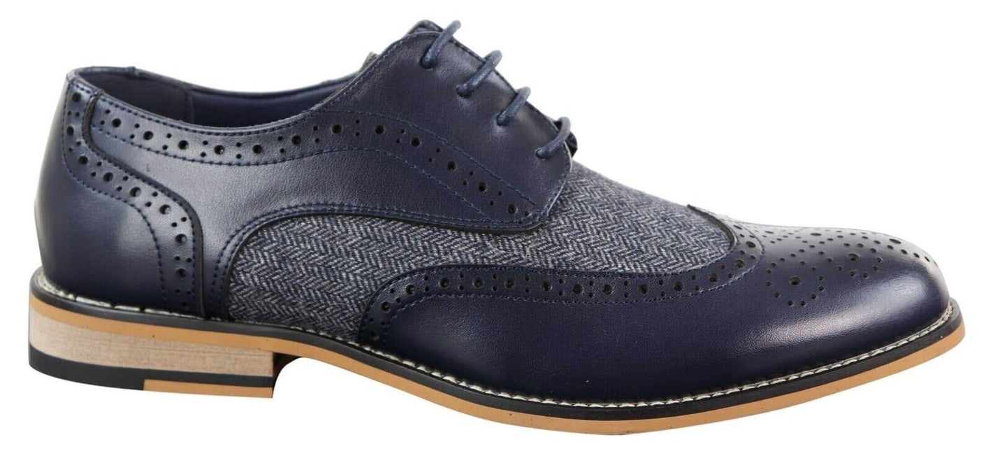 Mens Classic Oxford Tweed Brogue Shoes In Navy Leather
