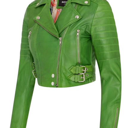 Womens Cropped Brando Leather Biker Jacket-Damascus