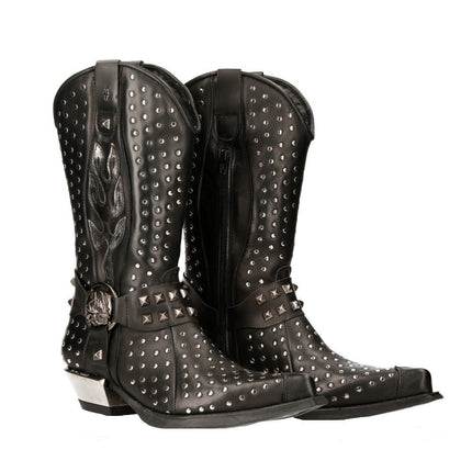 New Rock Black Leather Studded Cowboy Boots- M-7928-S1