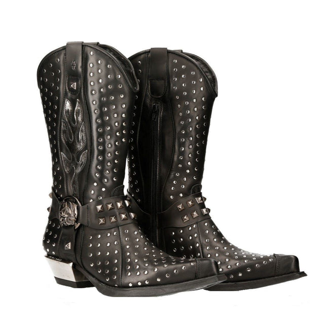 New Rock Black Leather Studded Cowboy Boots- M-7928-S1