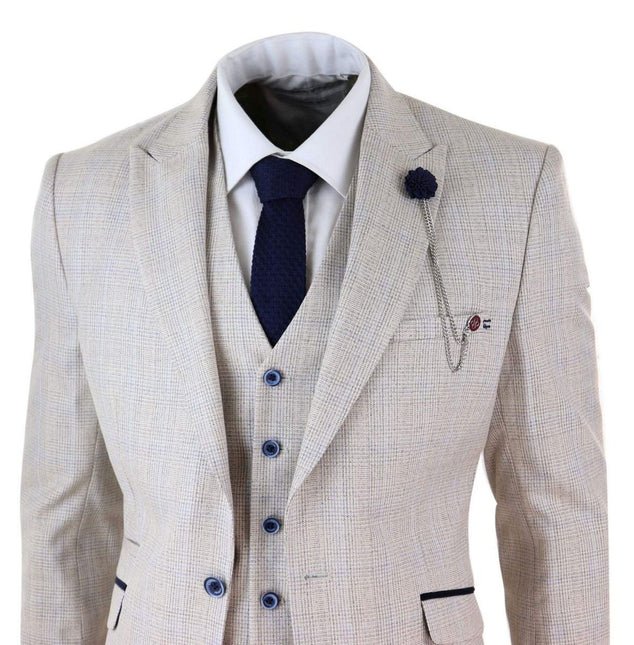 Mens 3 Piece Cream Check Tweed Herringbone Vintage Classic Suit