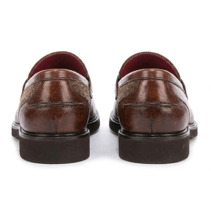 Justin Reess Men's Tan Leather Herringbone Tweed Loafer Shoes - Tristian