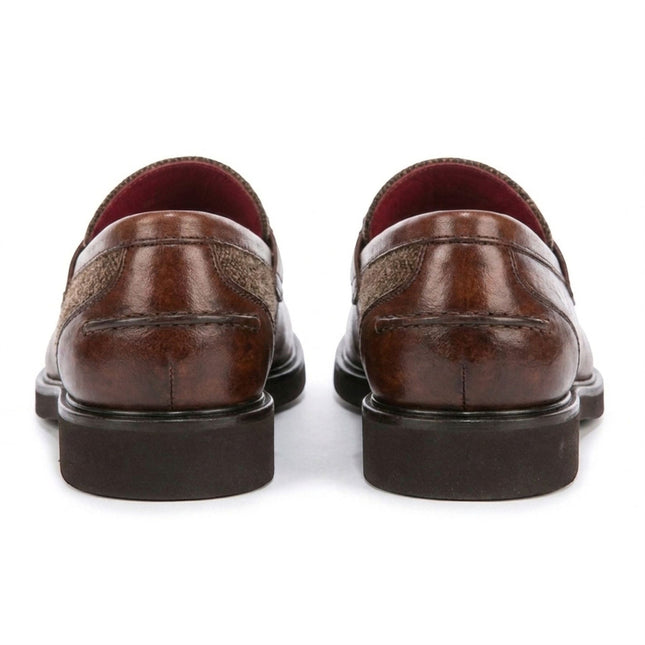 Justin Reess Men's Tan Leather Herringbone Tweed Loafer Shoes - Tristian