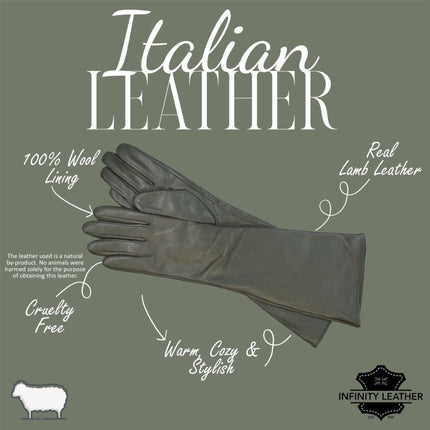 Womens Long Olive Green Italian Leather Winter Soft Wool Lining Gloves