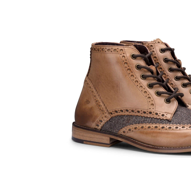 Mens Classic Oxford Tan Leather Gatsby Brogue Ankle Boots With Tweed