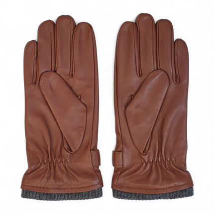 Men's Tan Brown Italian Leather Warm Wool Lining Winter Knit Rib Gloves - M-LGV-105