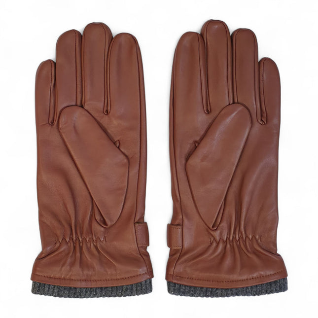 Men’s Tan Brown Italian Leather Warm Wool Lining Winter Knit Rib Gloves - M-LGV-105