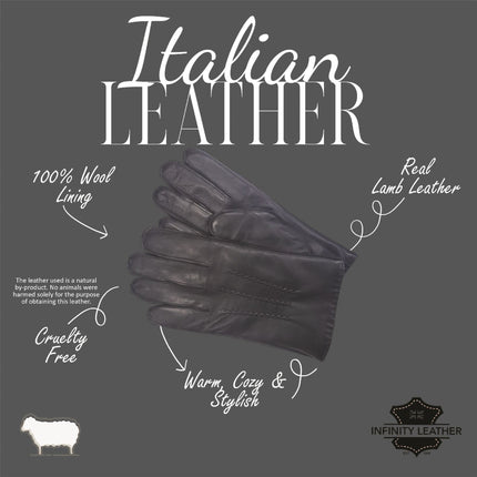 Men’s Black Italian Leather Warm Wool Lining Winter Stich Design Gloves - M-LGV-205