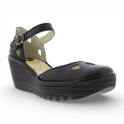 Fly London Women's Yuna Black Leather Wedge Sandals