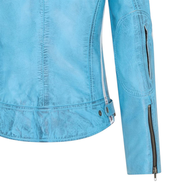 Womens Biker Racing Badges Blue Leather Jacket-Eastleigh