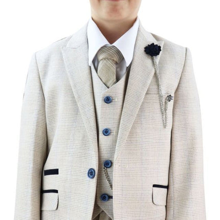 Boys 3 Piece Cream Herringbone Tweed Check Classic  Suit