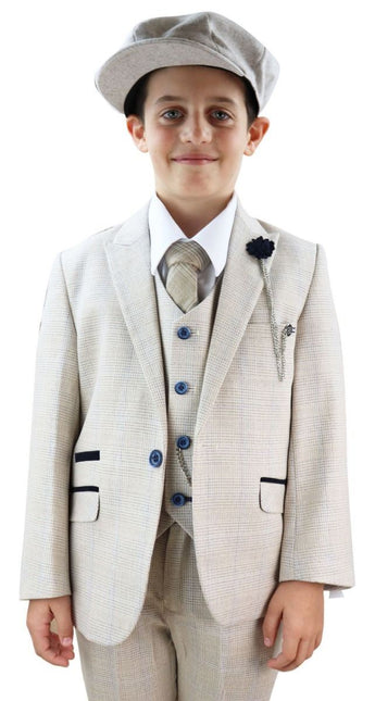 Boys 3 Piece Cream Herringbone Tweed Check Classic  Suit