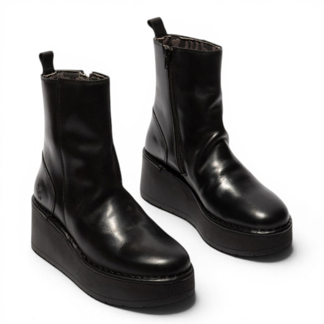 Fly London Women’s Black Leather Wedge Heel Platform Ankle Boots - HEIJ272