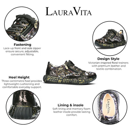 Laura Vita Women's Goth Victorian Floral Black Leather Trainer Sneaker - Burton-43