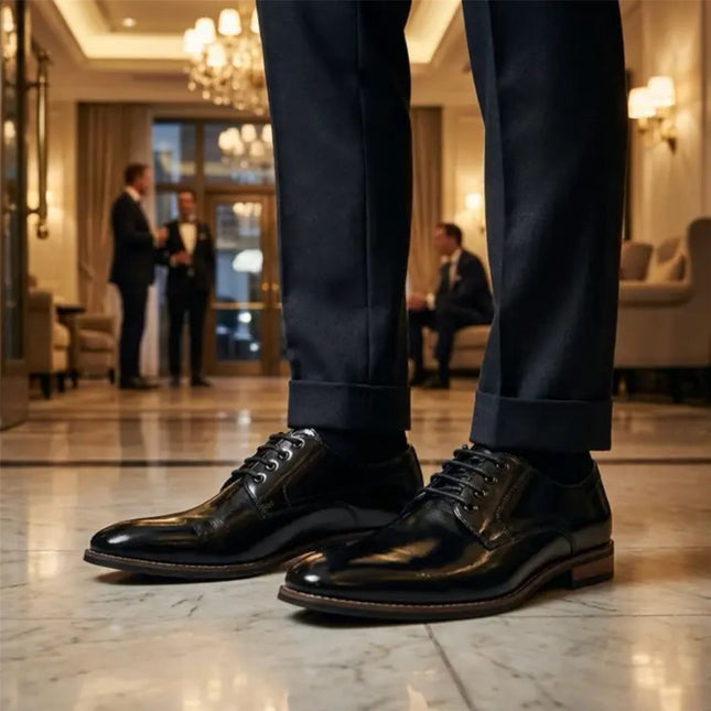 Men's Black Classic Plain Toe Lace-Up Derby Brogue Formal Shoes