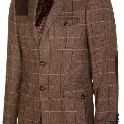 Mens Wool Tweed Shooting Check Hunting Herringbone Blazer Oak Elbow Patch Jacket