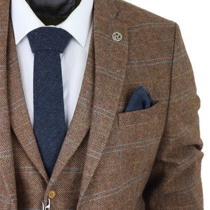 Mens 3 Piece Wool Suit Oak Brown Tweed Herringbone Check Peaky Blinders Gatsby