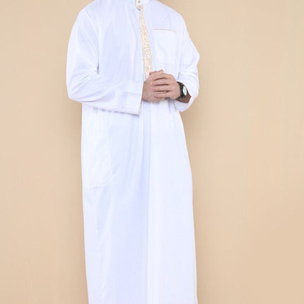 Mens White Thobe Jubba Emirati Islamic Arabic Eid Embroidery Kaftan Jubbah Robe