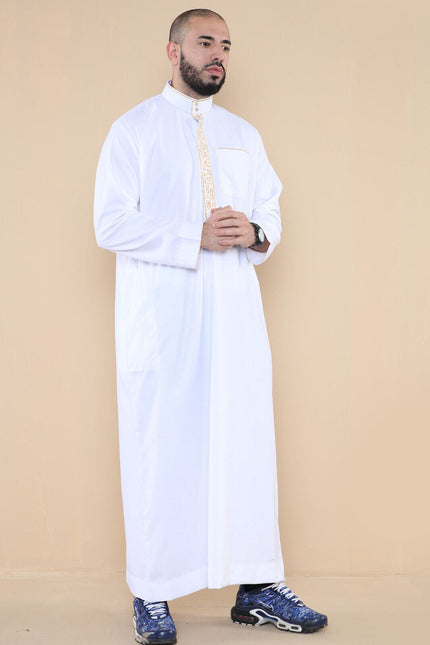 Mens White Thobe Jubba Emirati Islamic Arabic Eid Embroidery Kaftan Jubbah Robe