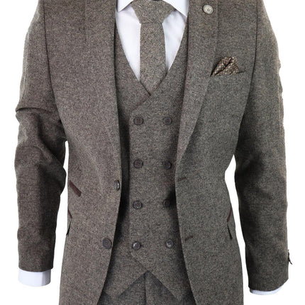 Mens Oak Brown Wool 3 Piece Suit Double Breasted Waistcoat Tweed Peaky Blinders 1920s
