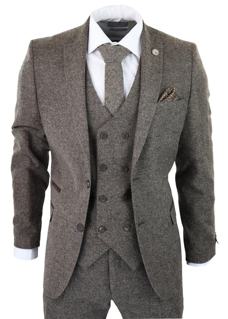 Mens Oak Brown Wool 3 Piece Suit Double Breasted Waistcoat Tweed Peaky Blinders 1920s