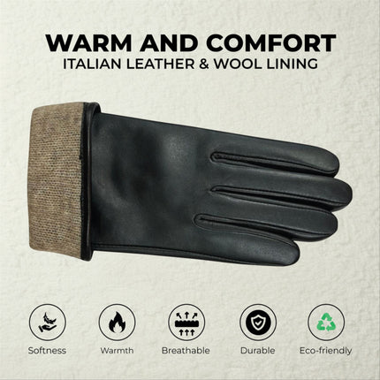 Womens Black Italian Leather Winter Buckle Soft Wool Lining Gloves - L-GLV-601