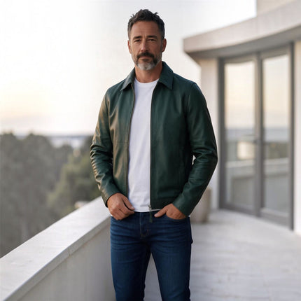 Mens Leather Green Harrington Collar Biker Jacket - Alpha