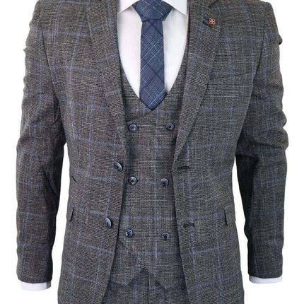 Mens 3 Piece Grey With Blue Check Tweed Vintage Classic Suit