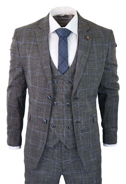 Mens 3 Piece Grey With Blue Check Tweed Vintage Classic Suit
