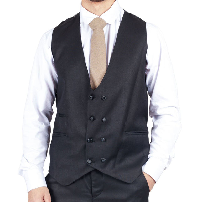 Mens IM1 Double Brusted Plain Black 3 Piece Suit