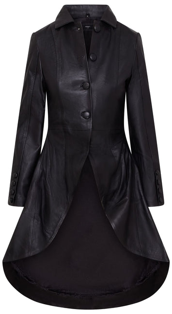 Womens Gothic Full Length Leather Coat Victorian Flare Goth Punk
