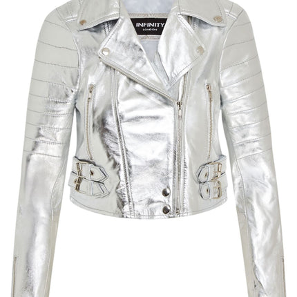 Womens Cropped Brando Leather Biker Jacket-Damascus