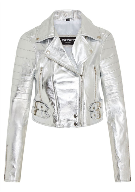Womens Cropped Brando Leather Biker Jacket-Damascus