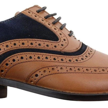 Mens Retro Oxford Navy Suede Brogue Shoes In Tan Leather