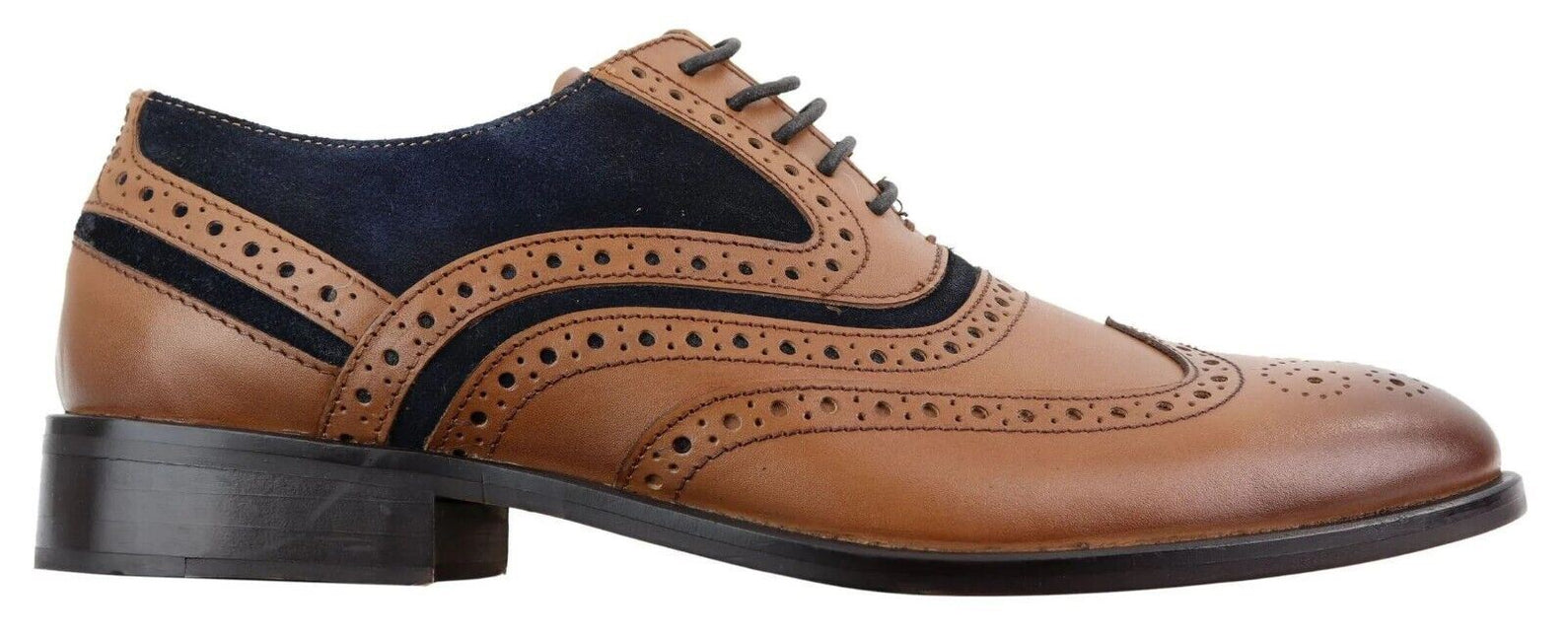 Mens Retro Oxford Navy Suede Brogue Shoes In Tan Leather