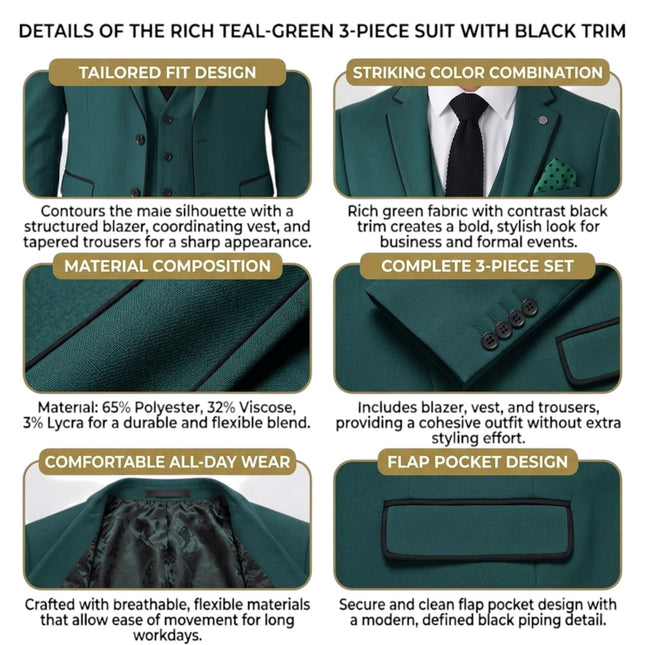 Men's Green Formal 3 Piece Tailored Fit Plain Suit - IM4