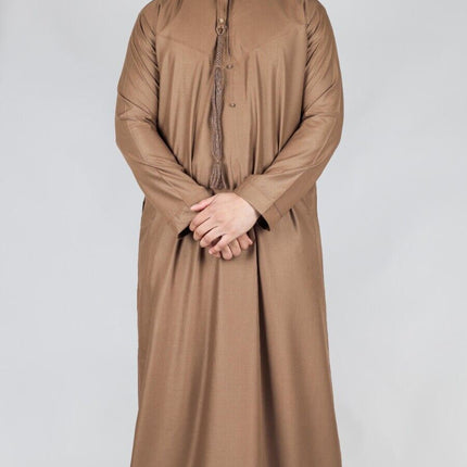 Men's Brown Thobe Emirati Islamic Jubba Robe Eid Tassel Slim Fit
