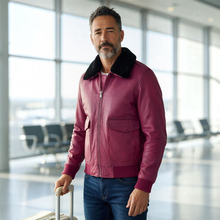 Mens Burgundy Leather Aviator Bomber Jacket - Lunar